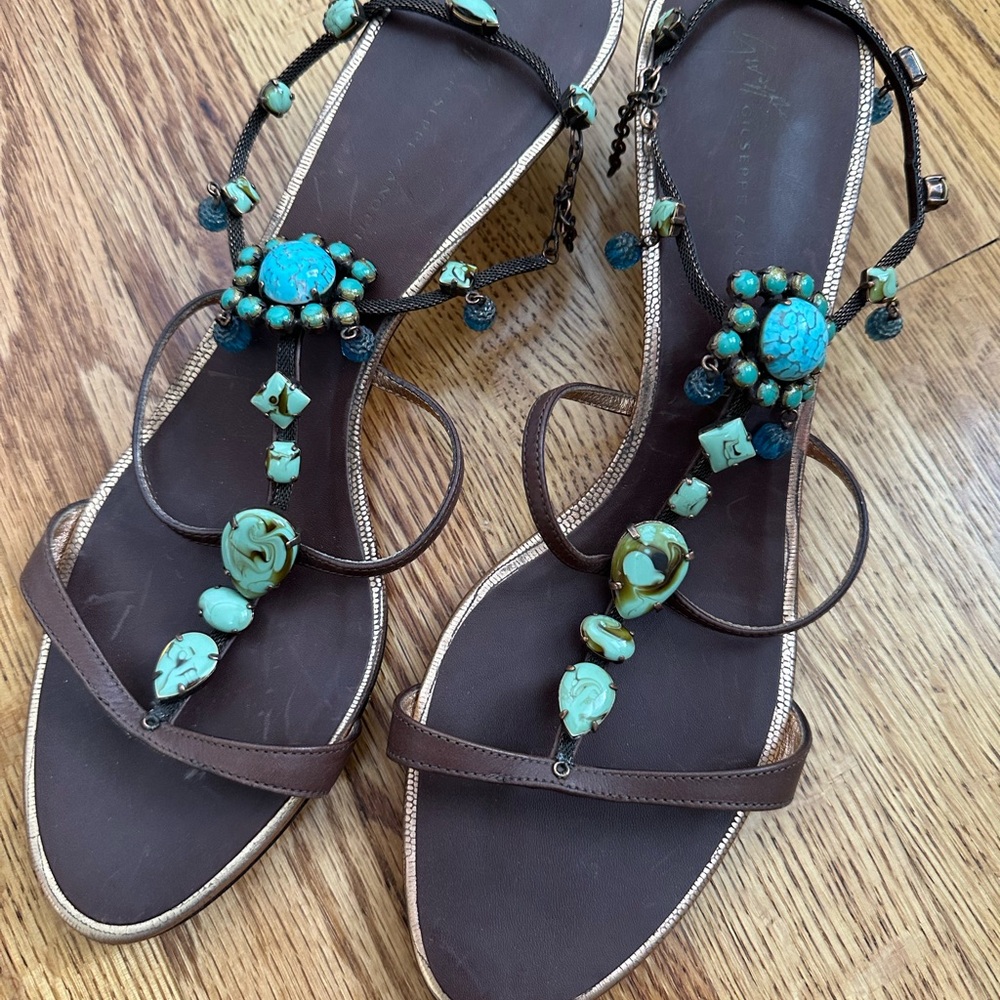 Giuseppe Zanotti Brown and Blue Sandals with Turquoise Embellishments